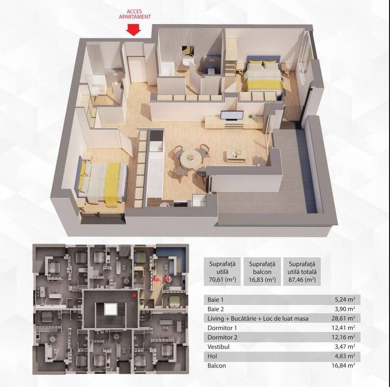 Penthouse 3 camere ARED – 104mp De vânzare Penthouse 3 camere ARED – 104mp în zona UTA 2 camere 1 dormitor Arad 7